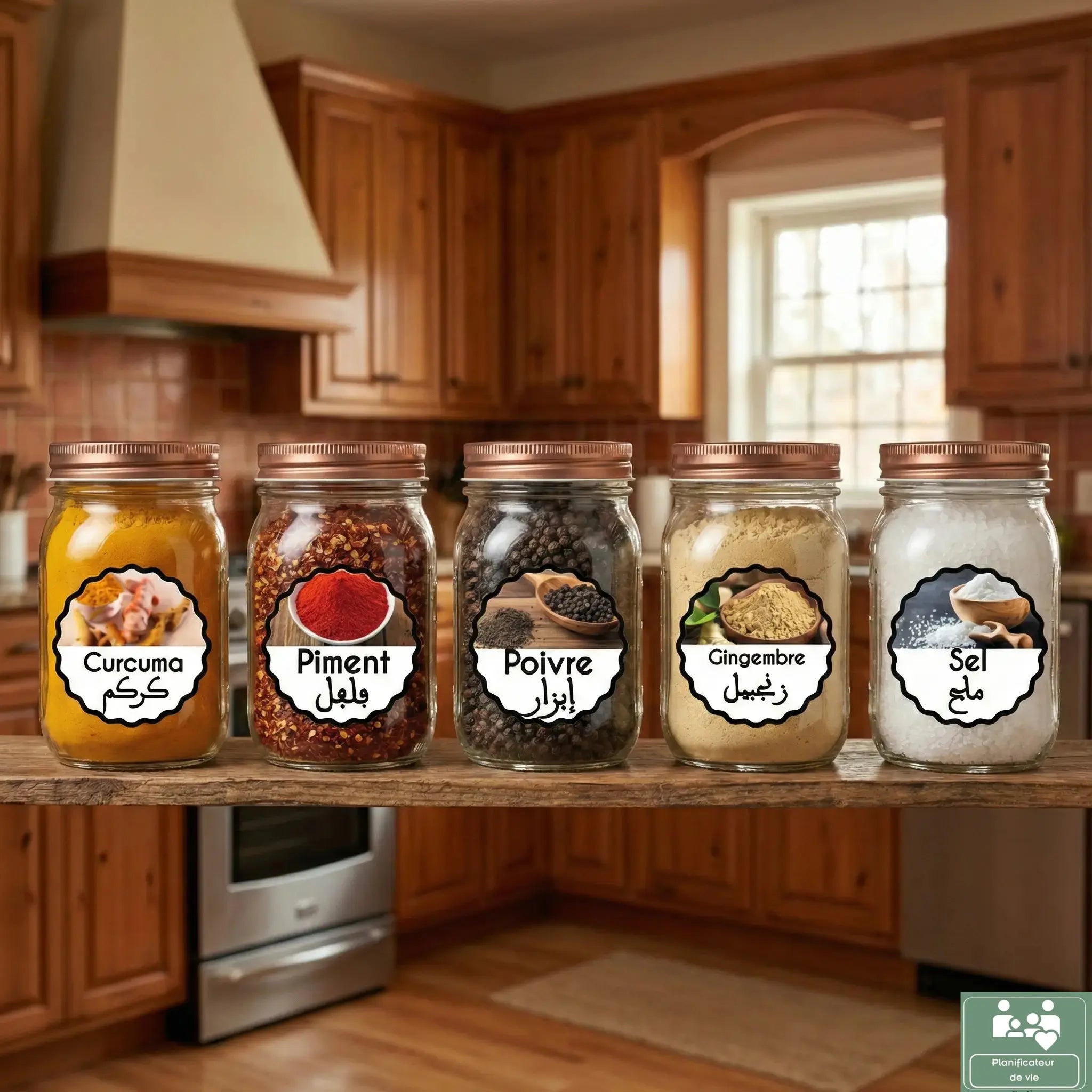 Pack de 60 Étiquettes à Épices Illustrées – Arabe & Français – Design Traditionnel Moderne – 100% Waterproof