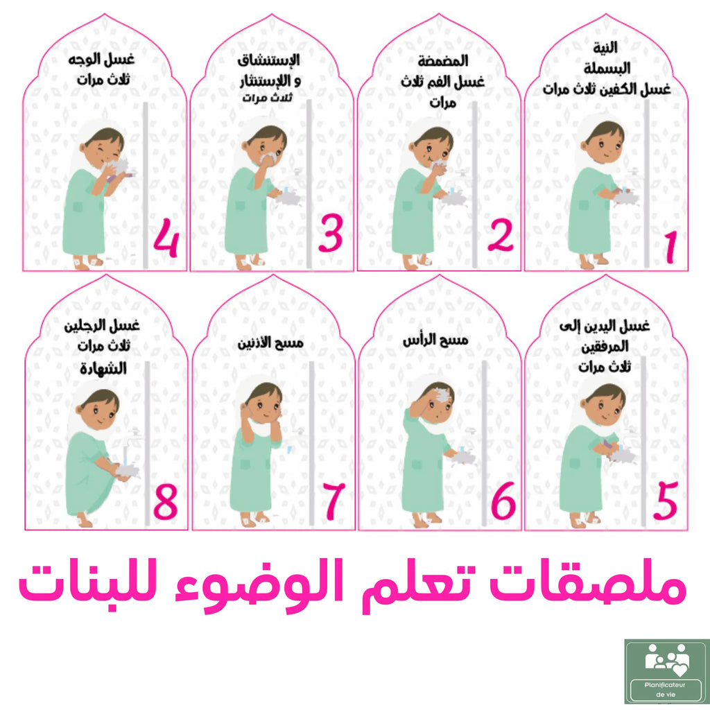 Kit d'Apprentissage Salat & Woudou : 11 Cartes et 8 Stickers Waterproof