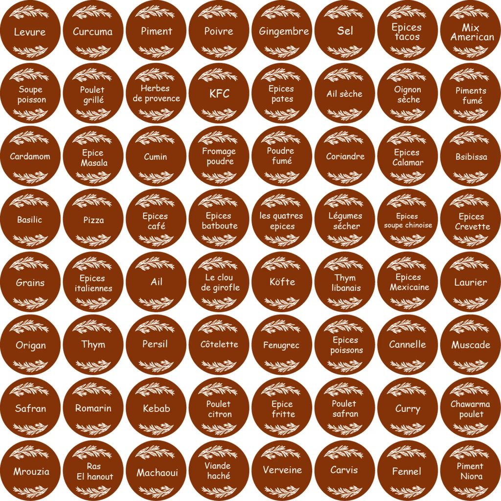 Pack de 60 Étiquettes à Épices Marron Rustique – Design Feuilles Élégant – 100% Waterproof