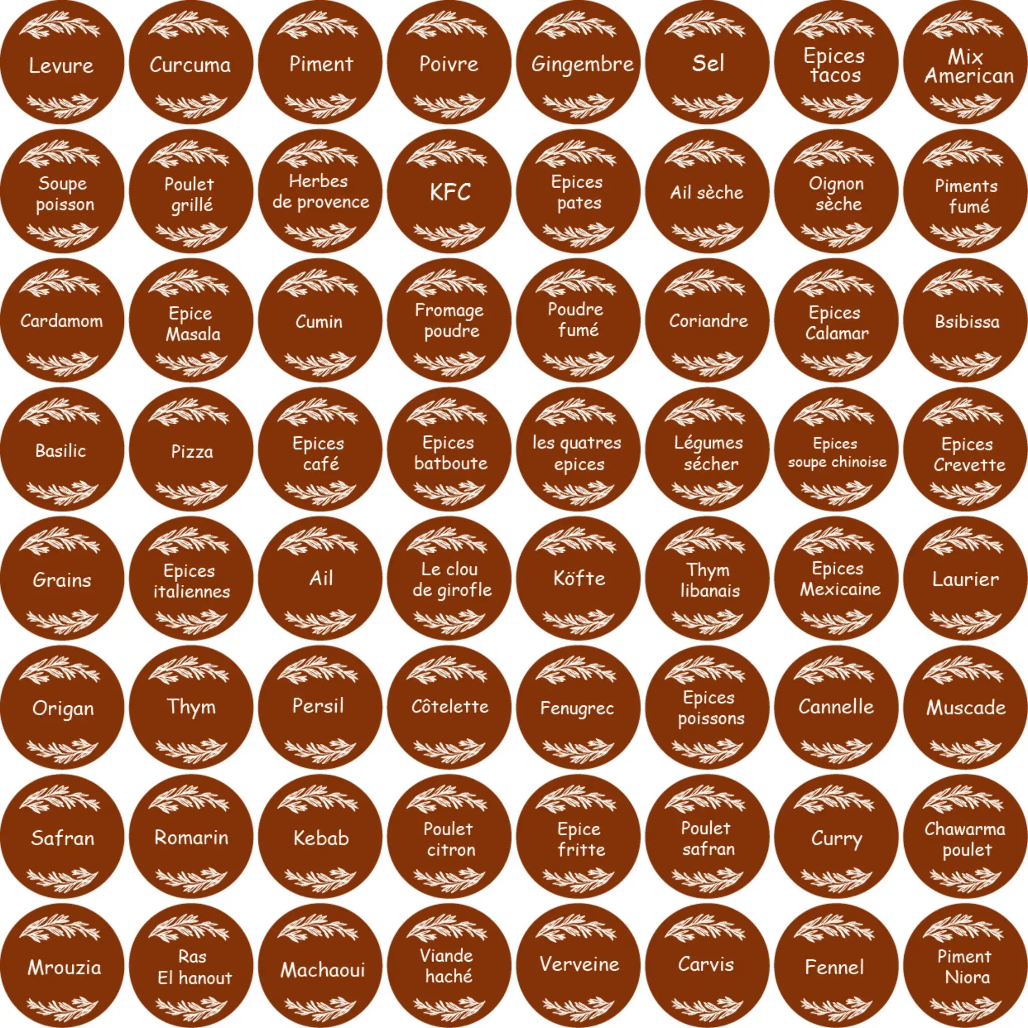 Pack de 60 Étiquettes à Épices Marron Rustique – Design Feuilles Élégant – 100% Waterproof