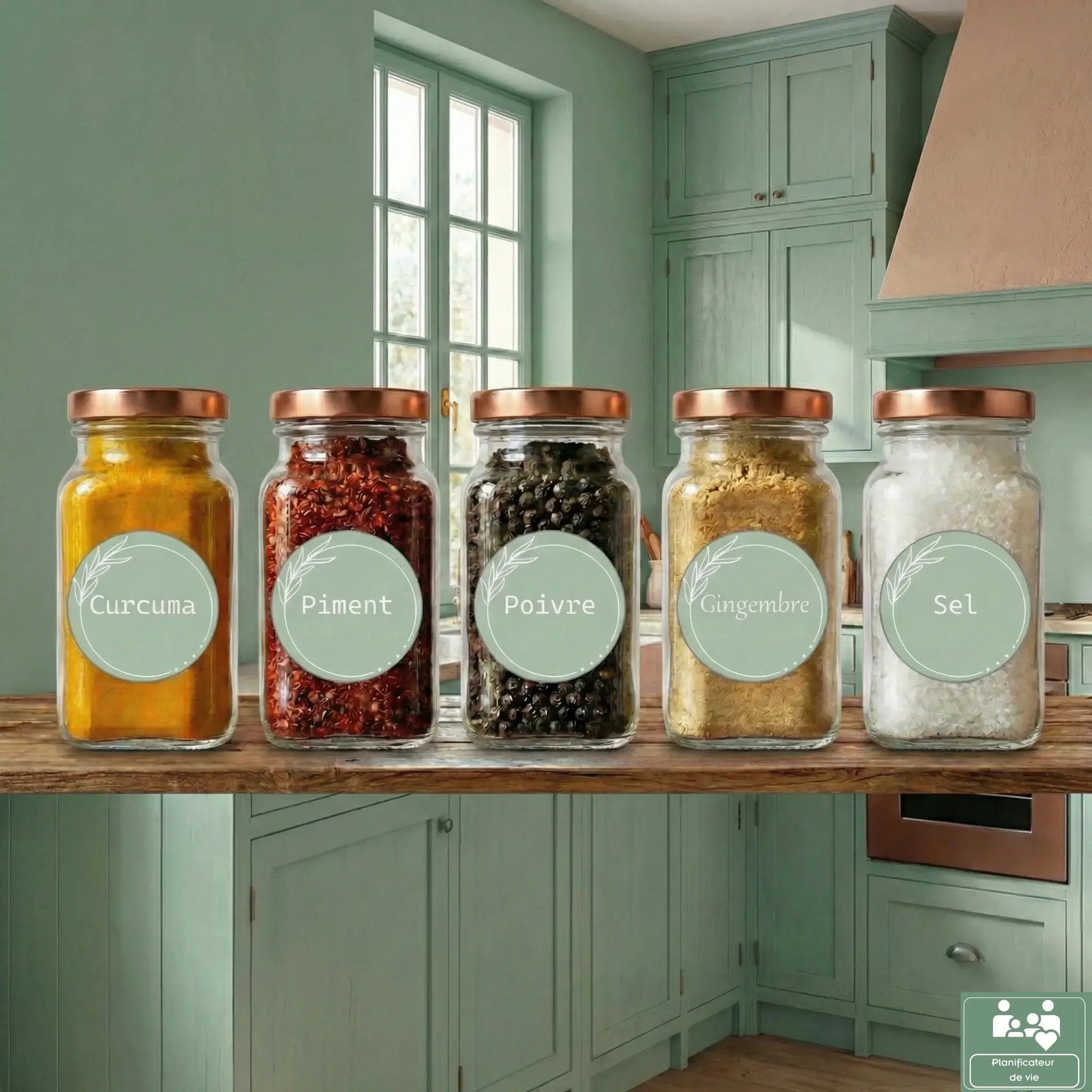 Pack de 60 Étiquettes à Épices Vert Sauge – Design Floral Minimaliste – 100% Waterproof