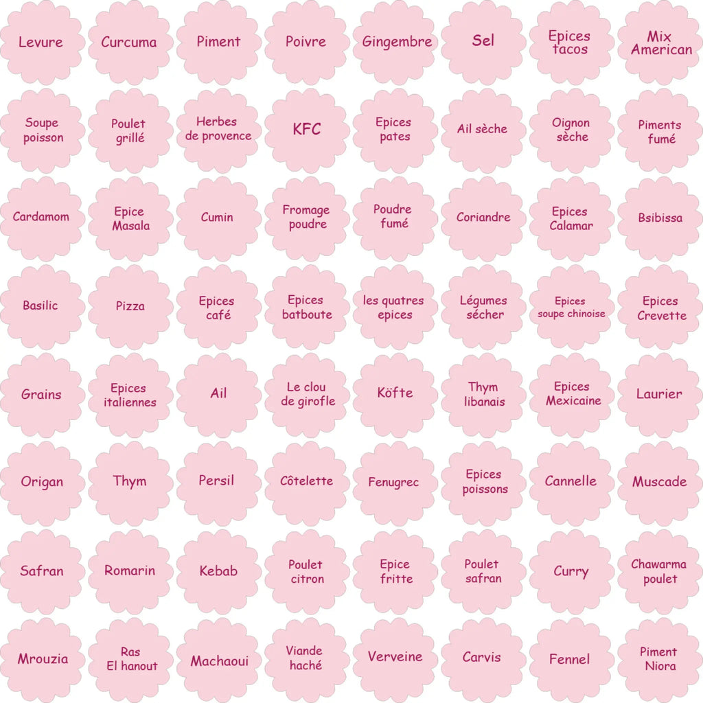 Pack de 60 Étiquettes à Épices Rose Pastel – Design Floral Élégant – 100% Waterproof