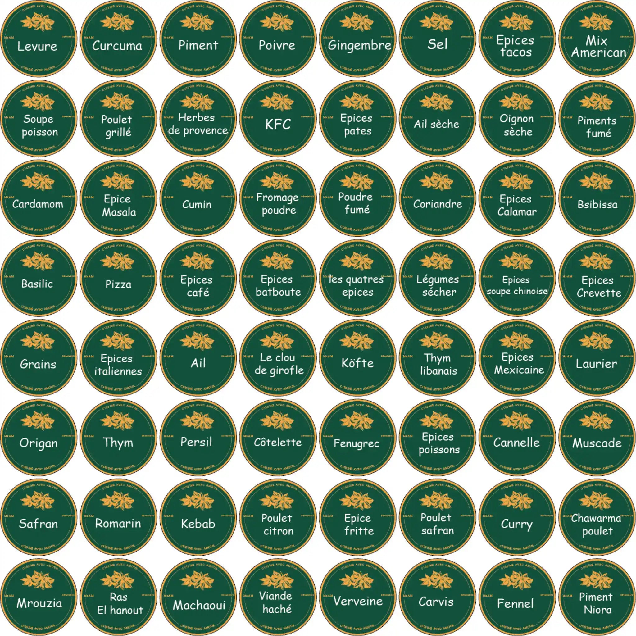 Pack de 60 Étiquettes à Épices vert Mat – Waterproof & Résistantes au Lave-Vaisselle –