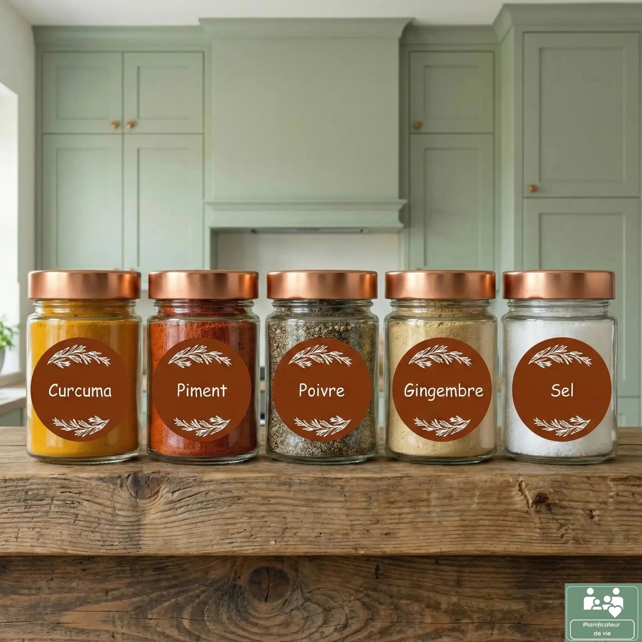 Pack de 60 Étiquettes à Épices Marron Rustique – Design Feuilles Élégant – 100% Waterproof