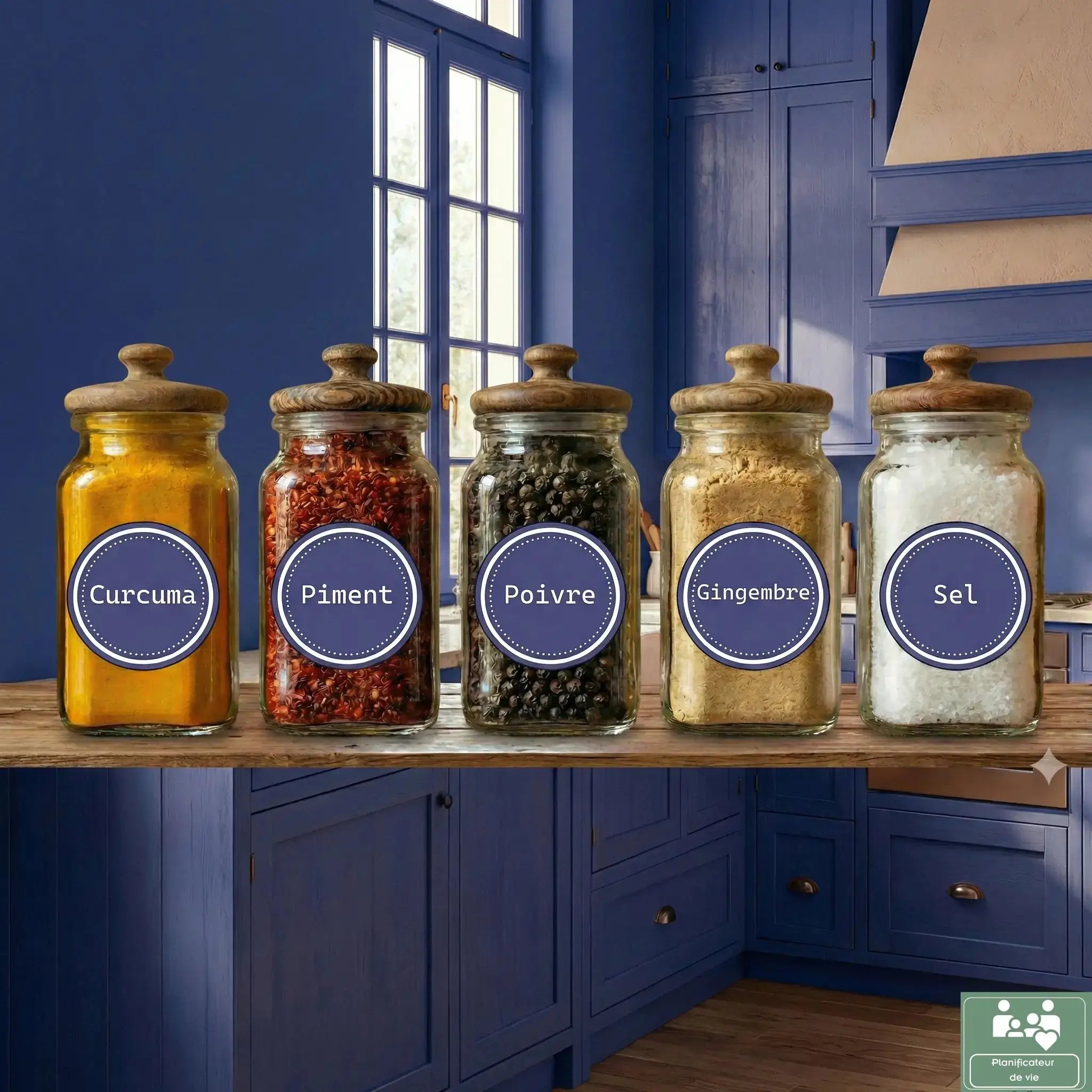 Pack de 60 Étiquettes à Épices Bleu Nuit Éclatant – Design Circulaire Élégant – 100% Waterproof