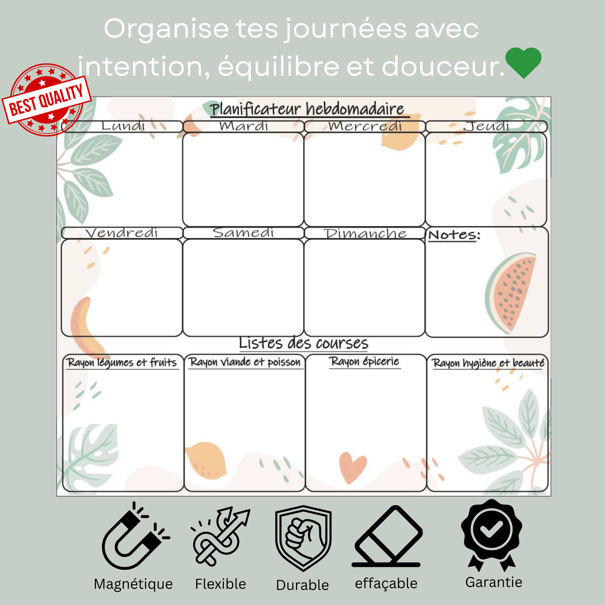 Planificateur Hebdomadaire Effaçable avec Liste des Courses | 28 × 36 cm
