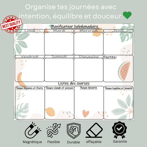 Planificateur Hebdomadaire Effaçable avec Liste des Courses | 28 × 36 cm