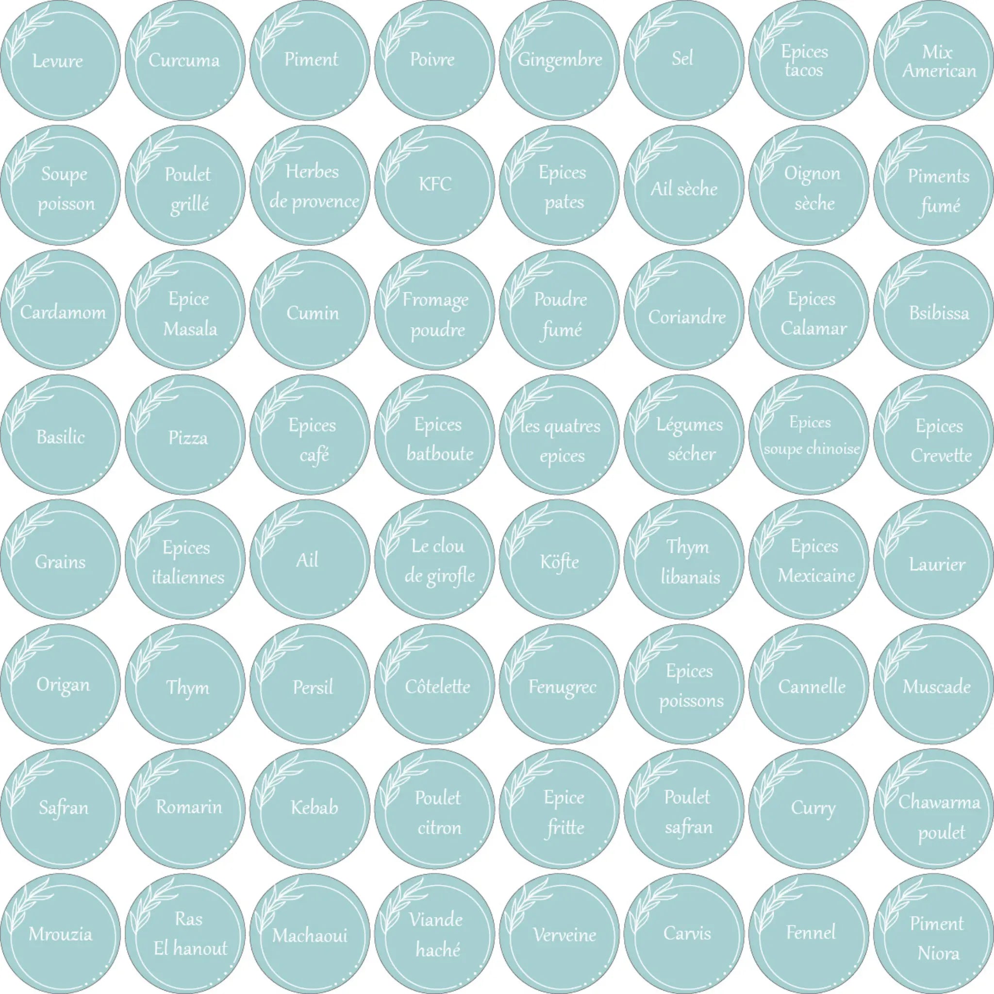 Pack de 60 Étiquettes à Épices Vert Sauge – Design Floral Minimaliste – 100% Waterproof
