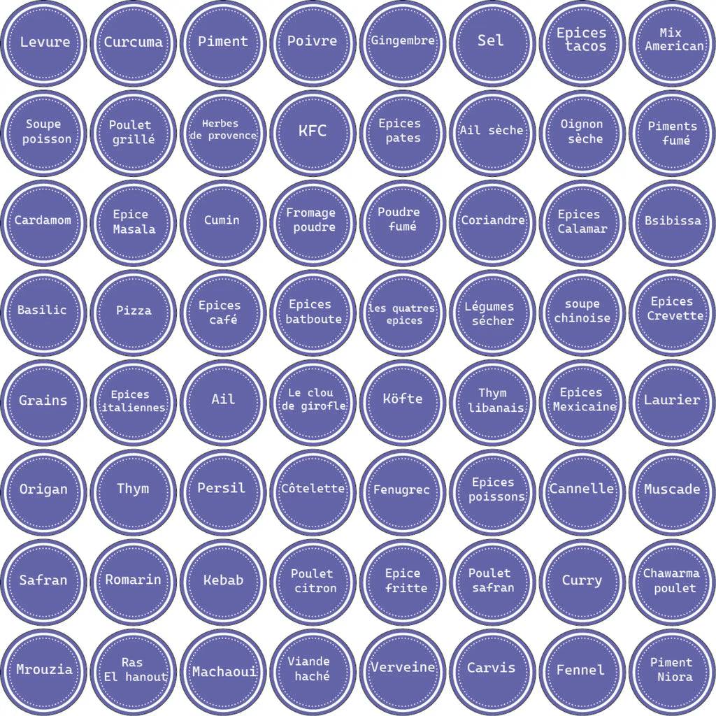 Pack de 60 Étiquettes à Épices Bleu Nuit Éclatant – Design Circulaire Élégant – 100% Waterproof