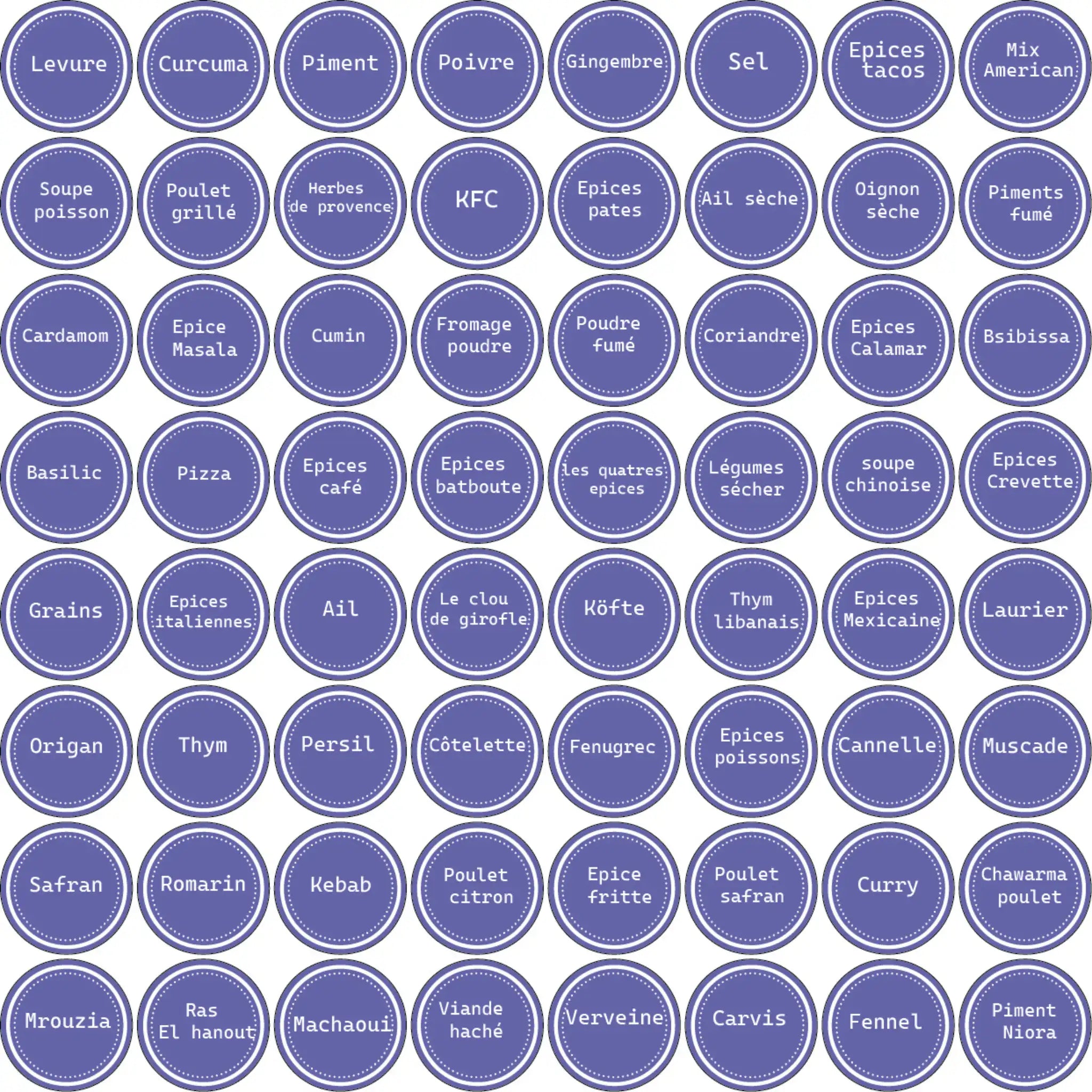 Pack de 60 Étiquettes à Épices Bleu Nuit Éclatant – Design Circulaire Élégant – 100% Waterproof