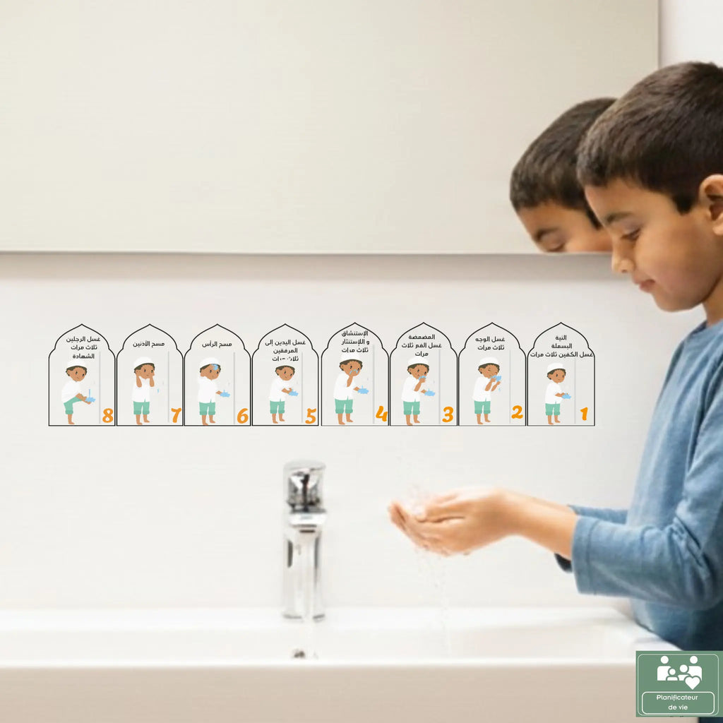 Kit d'Apprentissage Salat & Woudou : 11 Cartes et 8 Stickers Waterproof