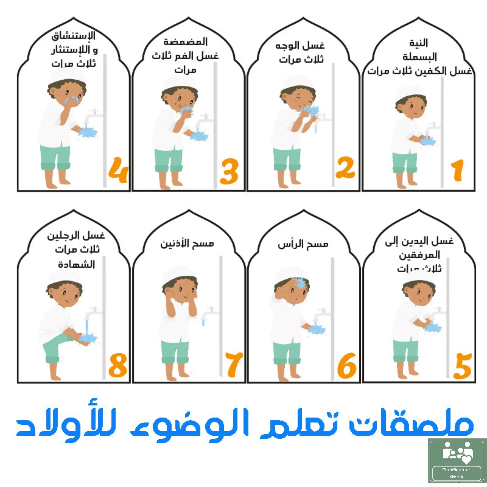 Kit d'Apprentissage Salat & Woudou : 11 Cartes et 8 Stickers Waterproof