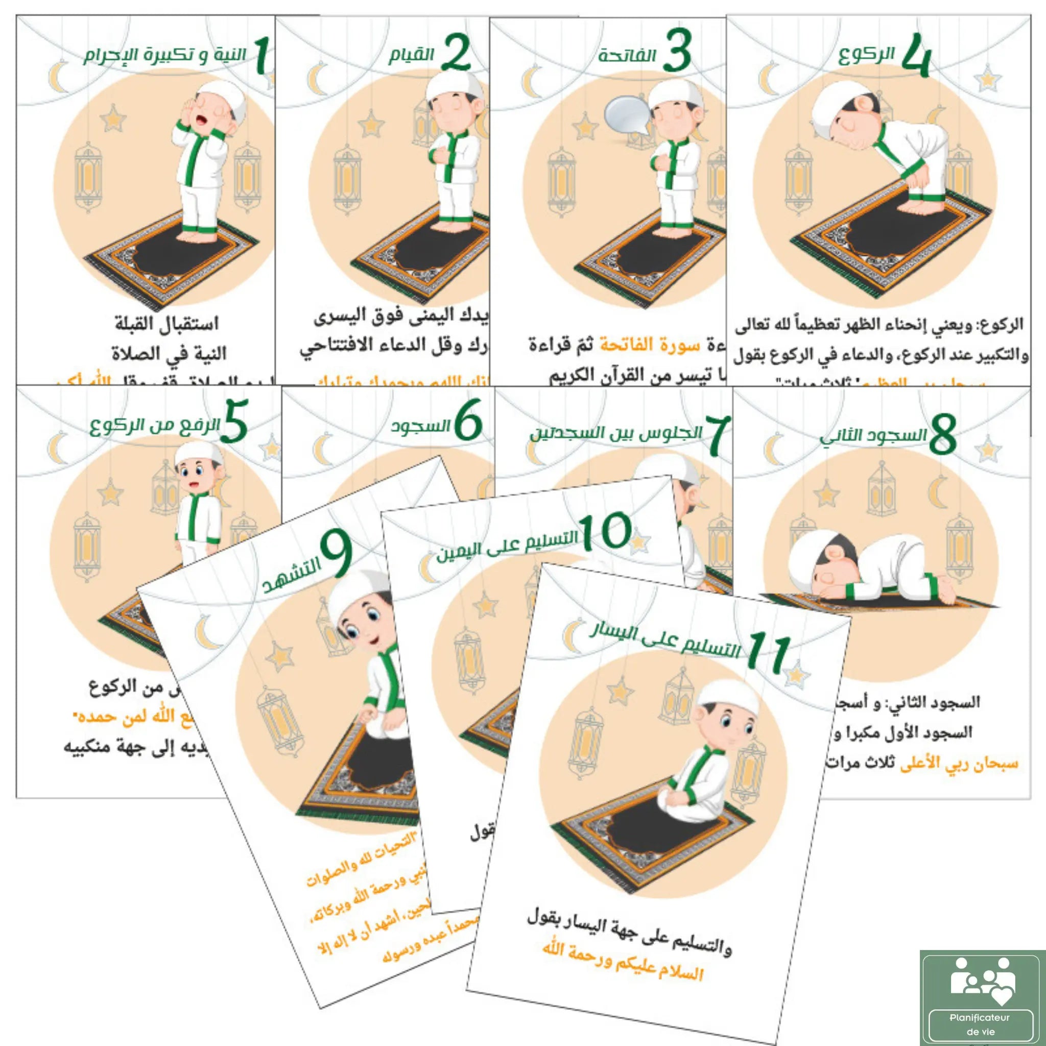 Kit d'Apprentissage Salat & Woudou : 11 Cartes et 8 Stickers Waterproof